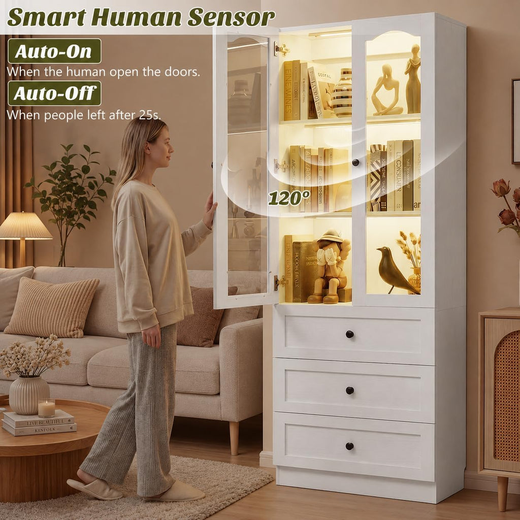 Cyclysio 80" Tall Pantry Cabinet, Kitchen Storage Cabinet with 3 Motion Sensor LED Lights, Arched Glass Doors, 3 Drawers, 3.15" Baseboard Cutout, White Pantry for Dining Room, Living Room