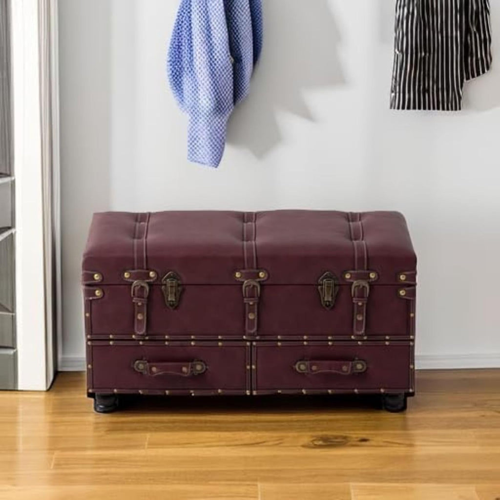 COZAYH Set of 2 Vintage Mid-Century Storage Ottoman Bench - Upholstered Padded Chest for Entryway, Bedroom, Living Room - Dark Magenta