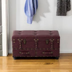 COZAYH Set of 2 Vintage Mid-Century Storage Ottoman Bench - Upholstered Padded Chest for Entryway, Bedroom, Living Room - Dark Magenta