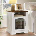 HOOBRO Farmhouse End Tables Set of 2 for Living Room, 17.7" Wide Nightstands with Charging Station, Wooden Sofa Side Tables with Tempered Glass Barn Door and Open Shelf, White and Walnut
