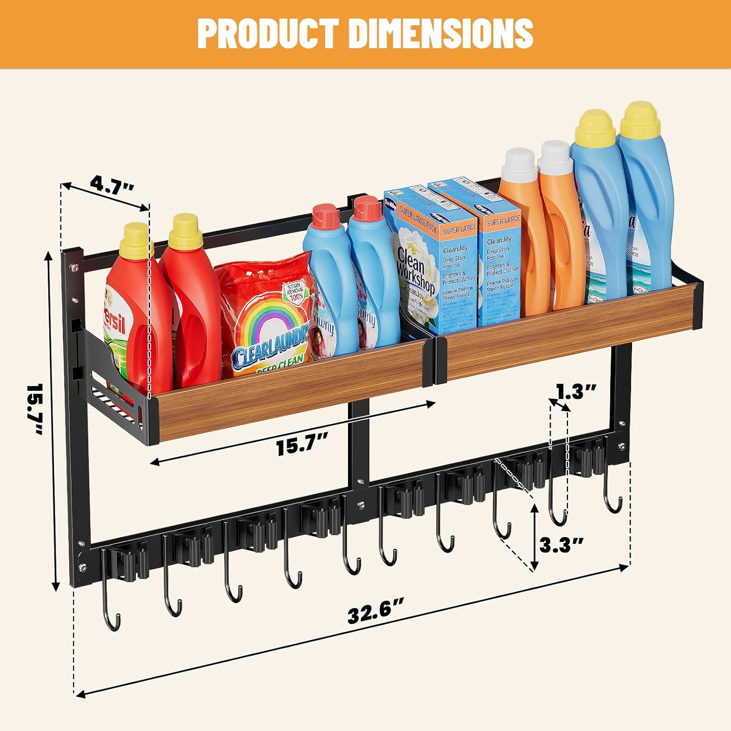 Broom and Mop Organizer Wall Mount, 2 pcs | Wall Hanging, Cleaning Supplies Organizer, Storage Shelf and Hooks, For Laundry Room Garage Kitchen