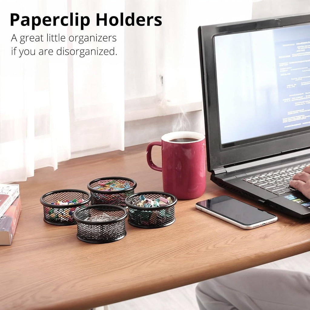 FUCDTEFC Paper Clip Holder, Paperclip Holders for Desk, Mesh Paper Clip Holder for Desk Binder Wire Mesh Bowls, Paper Clip Dispenser Organizer for Holding Small Parts Office Accessories Black 4 Pack