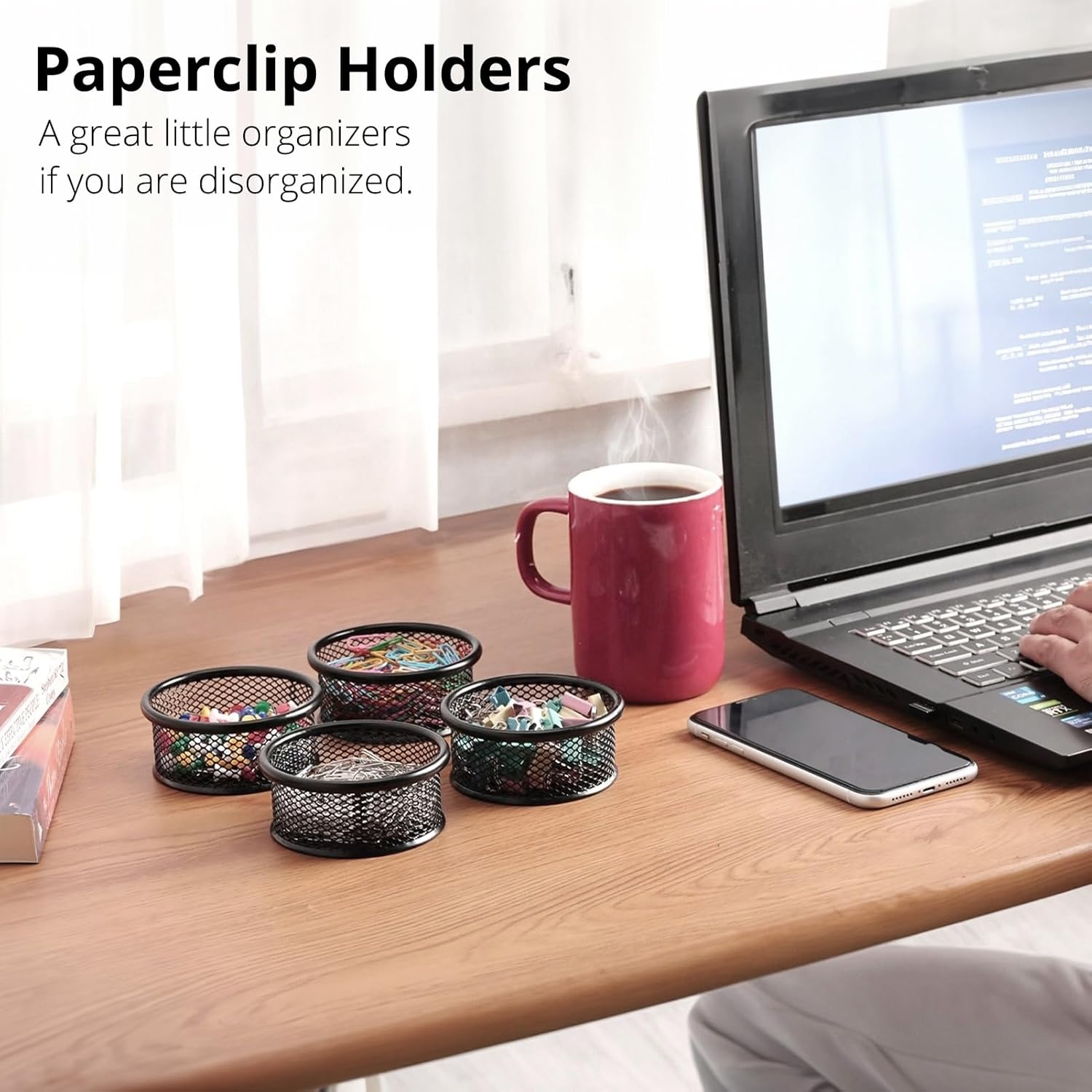 FUCDTEFC Paper Clip Holder, Paperclip Holders for Desk, Mesh Paper Clip Holder for Desk Binder Wire Mesh Bowls, Paper Clip Dispenser Organizer for Holding Small Parts Office Accessories Black 4 Pack