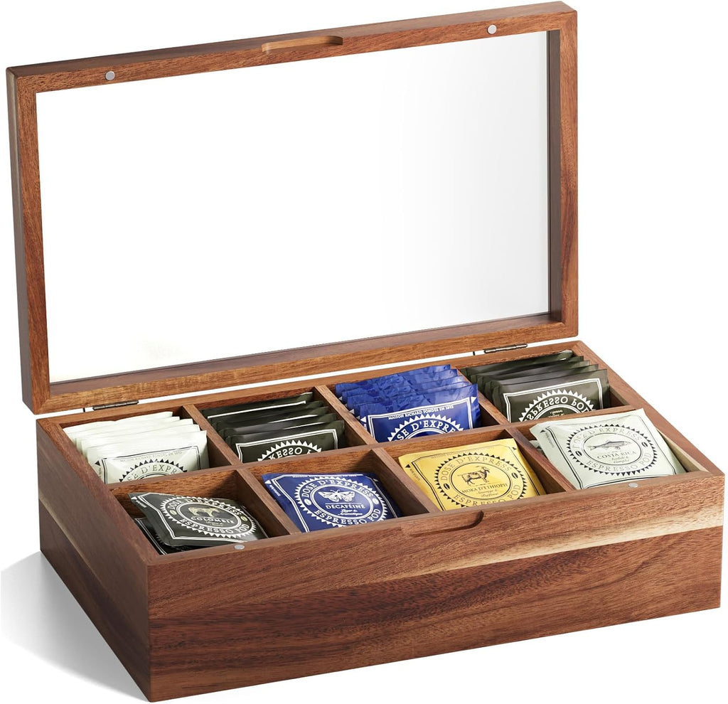 Acacia Wood Tea Bag Storage Box with 8 Compartments & Clear Window | Selected natural wood with elegant grain, versatile for coffee sugar candy jewelry, magnetic sealed lid, smooth finish