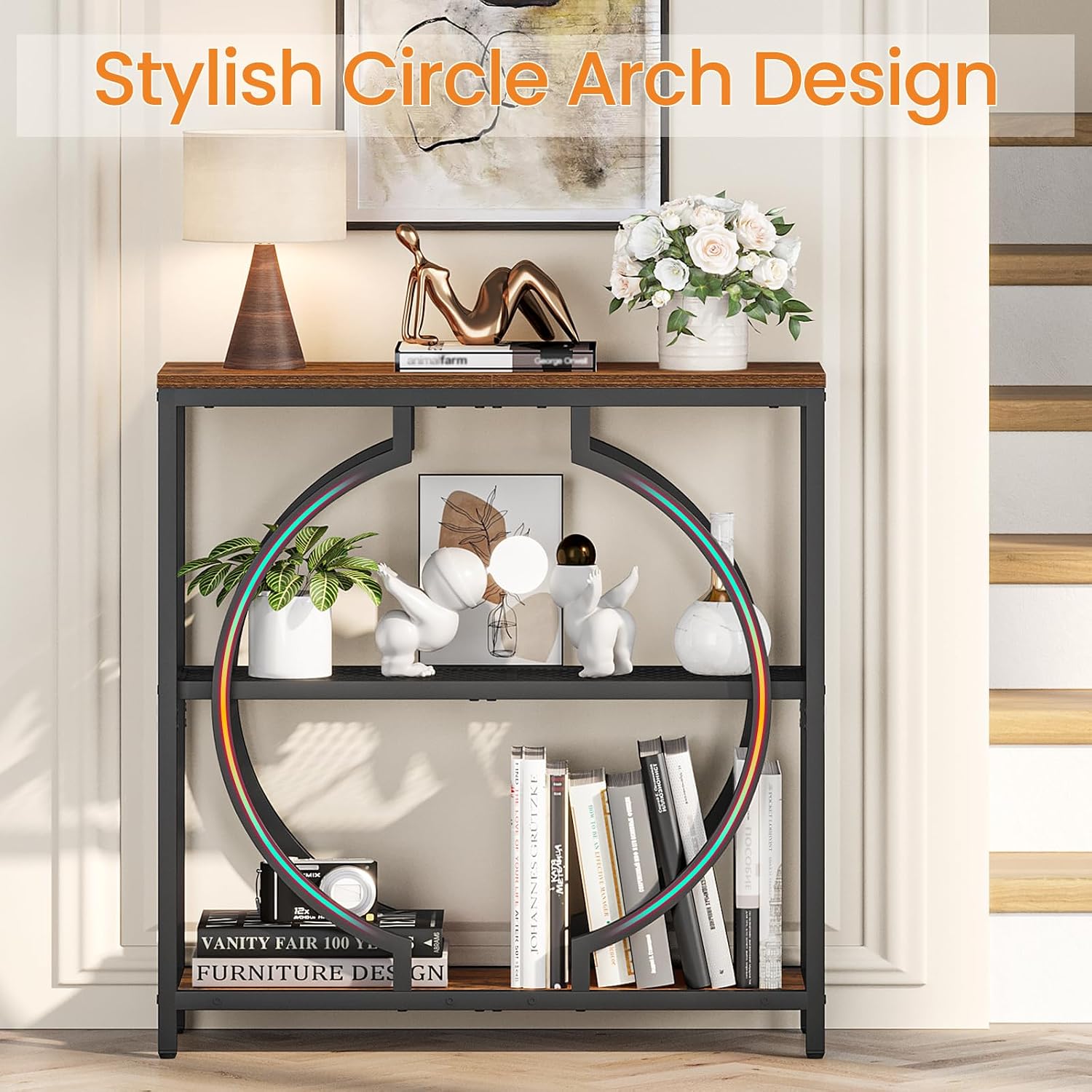 Snughome Entryway Table with 3 Tier Storage Shelves, Narrow Console Table Industrial Sofa Table with Circle Base, Behind The Couch Entrance Table for Hallway, Living Room, Foyer