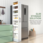 7 Tier Multi-Functional Pull-Out Storage Cart, Single-Sided Open Shelf, Slim Kitchen & Living Room Organizer, Narrow Space Storage with Handle & Wheels, Pantry Shelf for Small Spaces, White