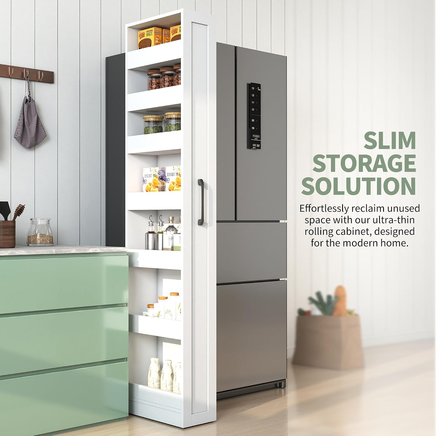 7 Tier Multi-Functional Pull-Out Storage Cart, Single-Sided Open Shelf, Slim Kitchen & Living Room Organizer, Narrow Space Storage with Handle & Wheels, Pantry Shelf for Small Spaces, White
