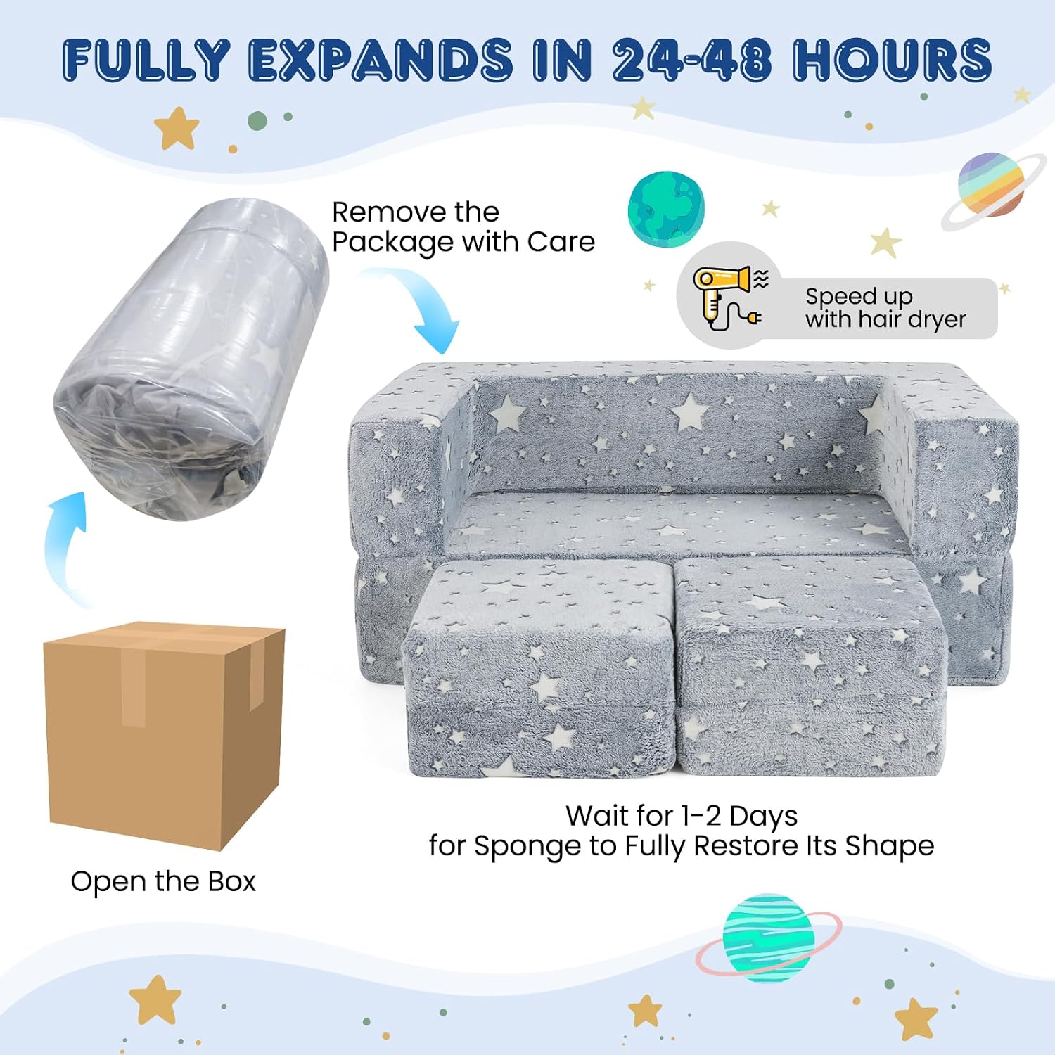 Costzon Modular Kids Play Couch Set, Glow in the Dark 2 Seat Toddler Chair, Fold Out Children Sofa Couch, Bedroom Playroom Furniture for Toddlers, Convertible Foam and Floor Cushion for Boys Girls