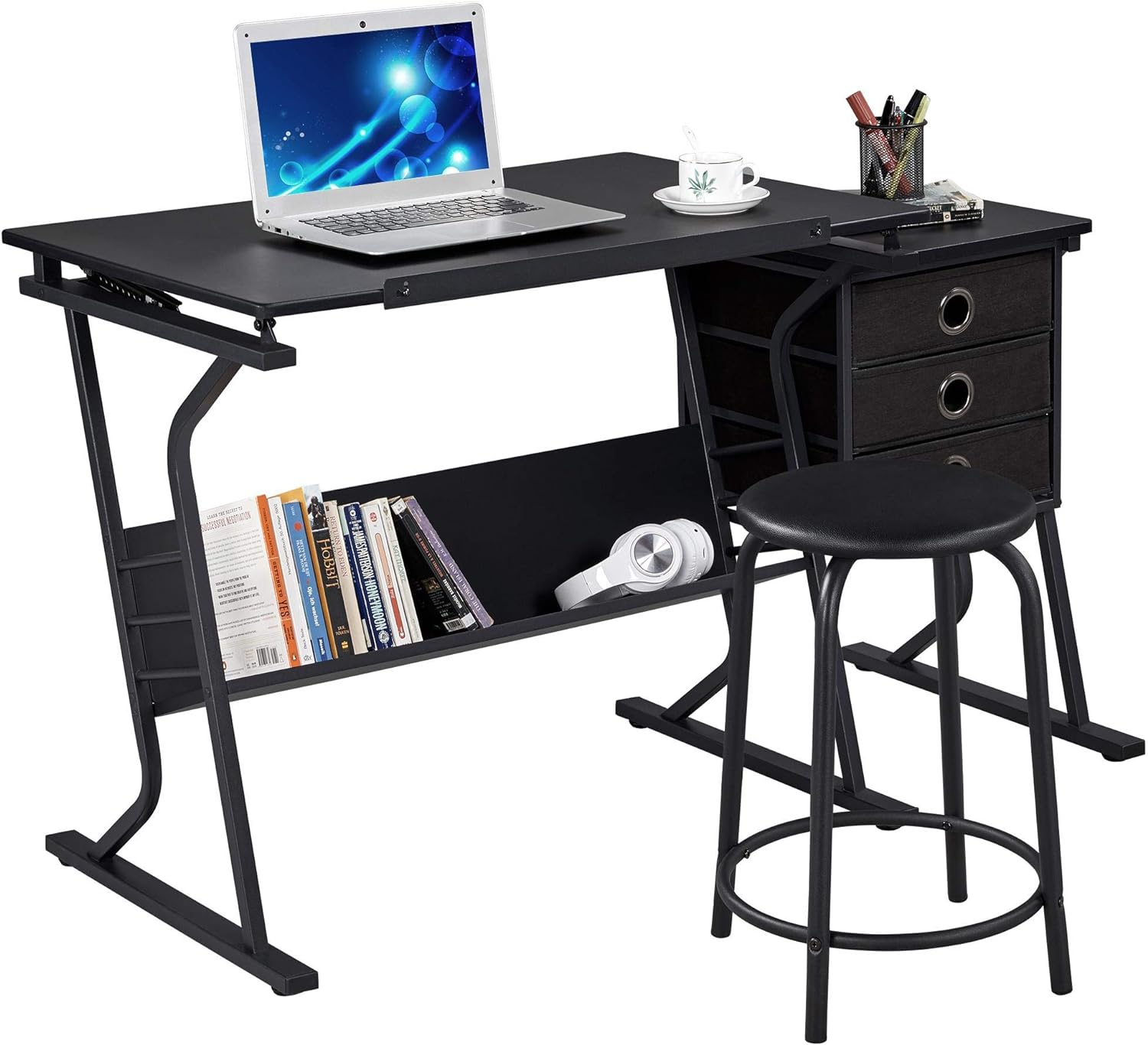 Yaheetech Drafting Table for Adults/Artists, Drawing Desk, Tabletop Adjustable Art/Craft Desk with Stool and 3 Slide Drawers, Sketching Painting Artwork Station for Art Studio Home Office School