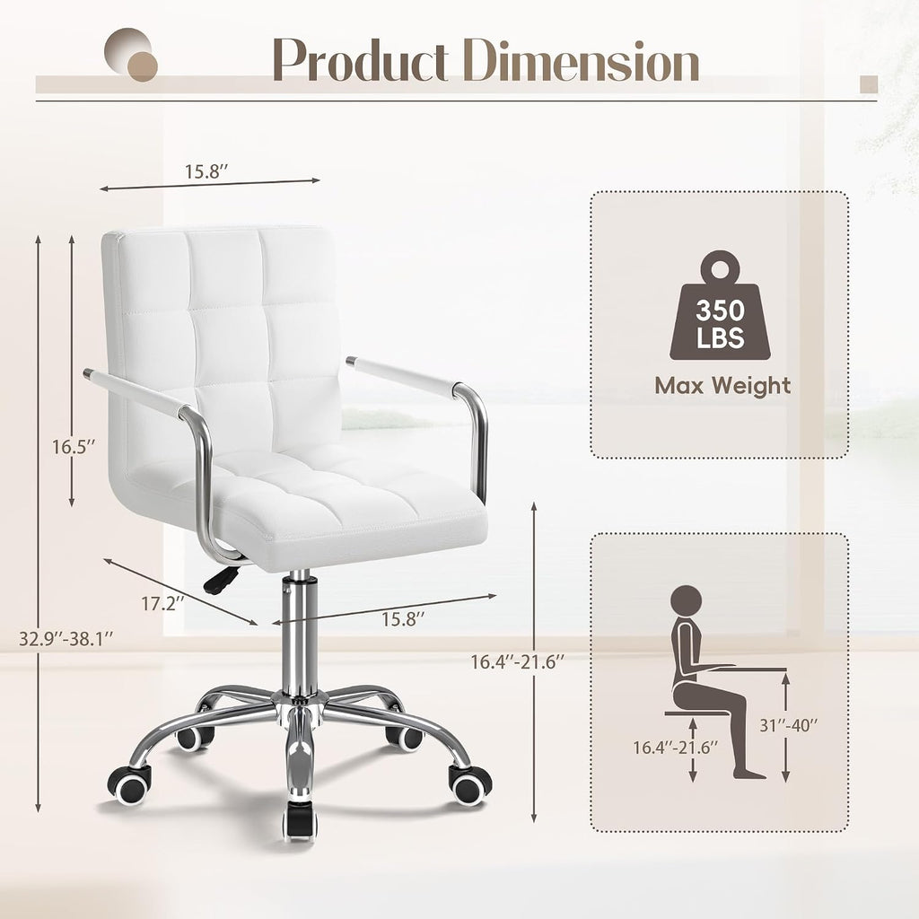 Furmax Vanity Office Chair with Wheels, Makeup PU Leather Executive Chair Modern Adjustable Home Desk Retro Comfortable Work Chair 360 Degree Swivel with Arms (White)