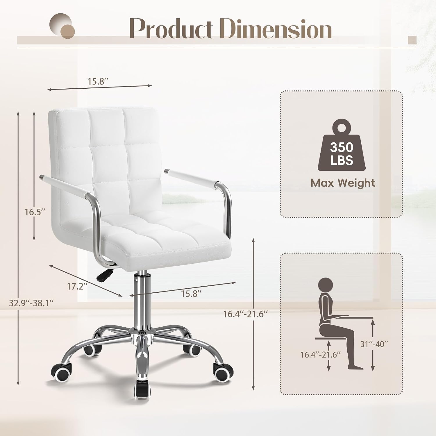 Furmax Vanity Office Chair with Wheels, Makeup PU Leather Executive Chair Modern Adjustable Home Desk Retro Comfortable Work Chair 360 Degree Swivel with Arms (White)