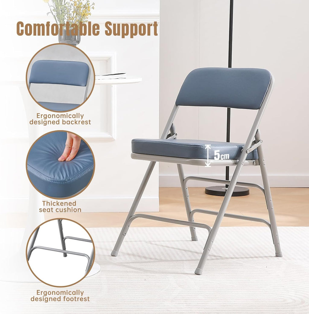 Padded Folding Chair, with Thick Cushioned Seat, Portable Metal Frame Foldable Chair for Indoor & Outdoor Use, Durable and Comfortable Upholstered Chair for Home, Office, and Events - Blue
