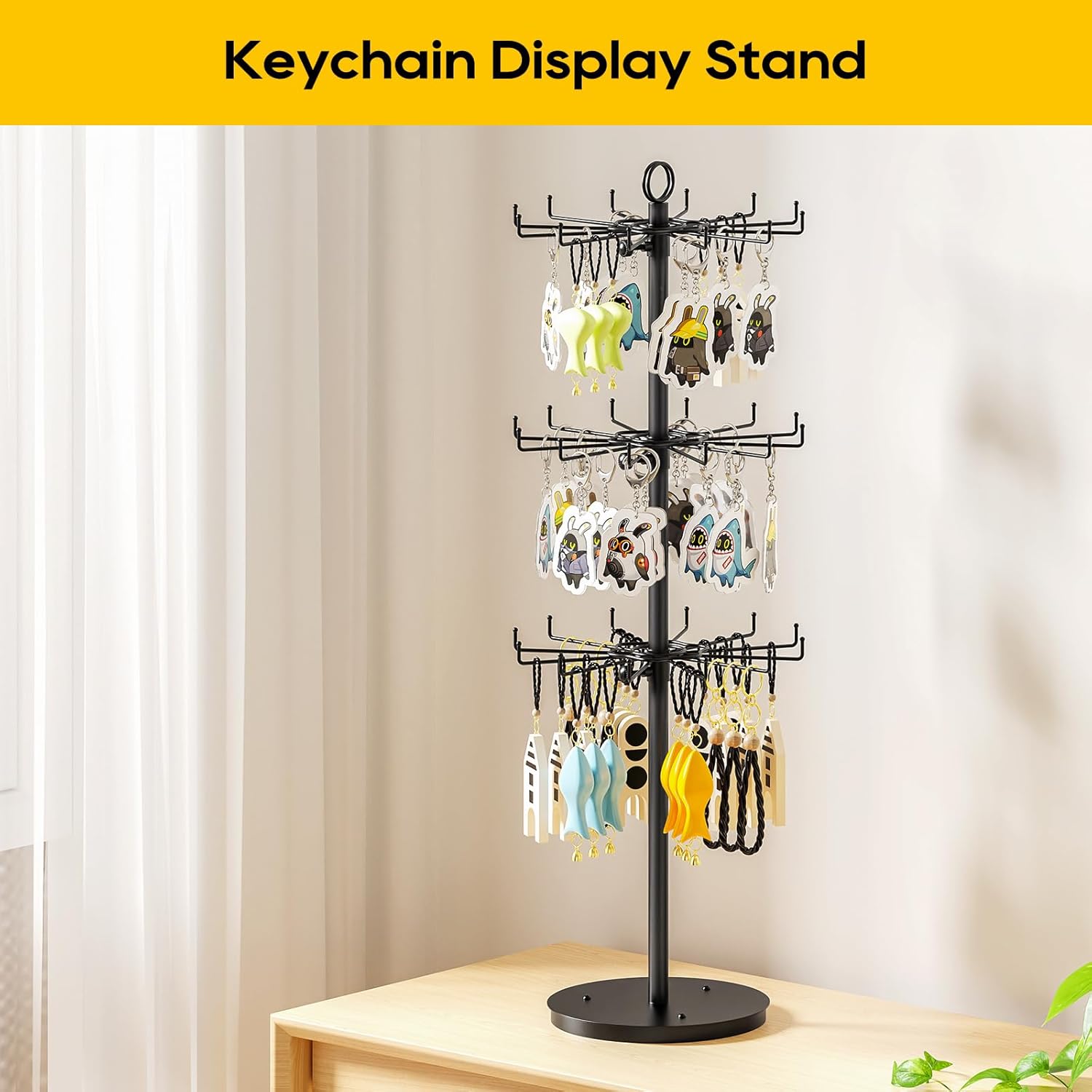 ORLESS 3 Tier Rotating Jewelry Display Stand, Keychain Display Stand with 36 Hooks, Black Metal Retail Display Spinning Holder for Vendor, Spinning Display Rack for Necklace Bracelet Earring Organizer