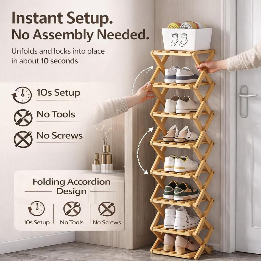 GDSAFS 2-9 Tier Bamboo Shoe Rack, 2026 New Sturdy Foldable Shoe Organizer, High-Capacity No-Assembly Vertical Storage with Anti-Slip Base for Hallway, Bedroom, Corner, Kids' Room (Yellow,9 Layers)