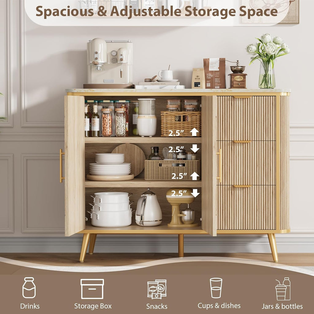 47.3" Modern Buffet Cabinet with Storage, Kitchen Sideboard Buffet with 2 Door & 3 Drawers, Fluted Caffee Bar Storage Cabinet for Dining Room, Living Room, Entryway, Natural Oak