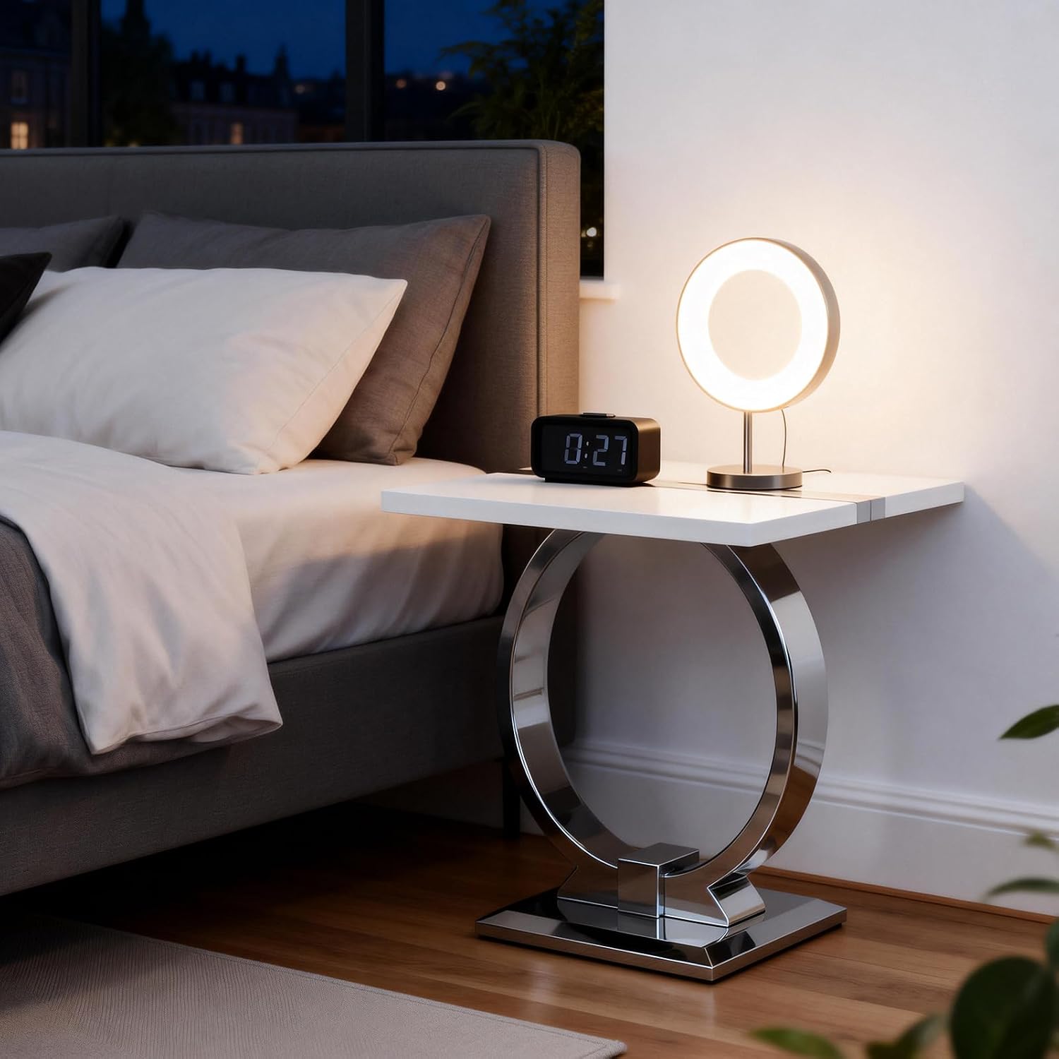 Asday 23.6" White and Silver End Table, Modern Side Table with Glossy Wooden Top and Stainless Steel U-Shaped Base, Accent Table for Living Room, Bedroom, Lounge