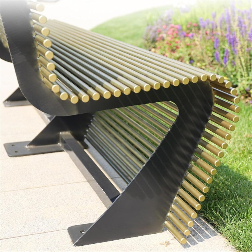 Garden Outdoor Park Bench, Leisure Chair with Backrest for 3 People, Modern Metal Round Tube Bench, Gold Color Seat