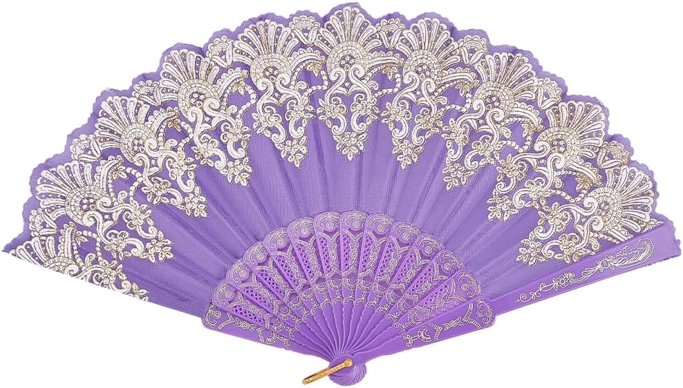 CREATCABIN Blue Violet Handheld Folding Fan for Women Foldable Chinese Japanese Vintage Fan Plastic Embroidered Flower Flapper Hand for Party Wedding Church Dancing Show Decoration 23x42cm