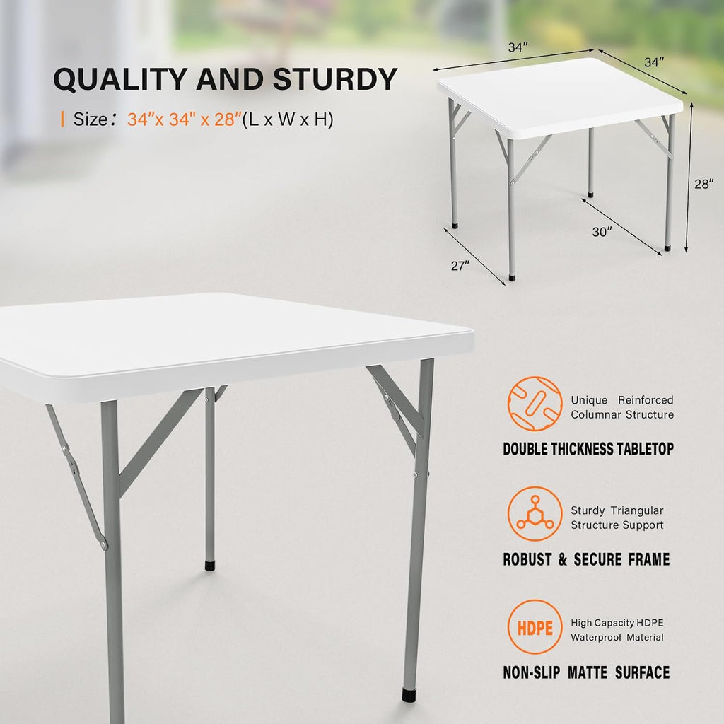 VINGLI White Card Square Table, 34 inch Foldable Legs Full Table Top, Easy to Set up and Store, Folding Portable for Game Puzzles, Gathering, Party, Dining, Indoor, Outdoor, Outside