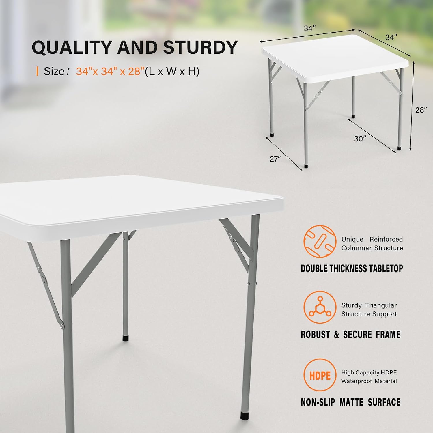 VINGLI White Card Square Table, 34 inch Foldable Legs Full Table Top, Easy to Set up and Store, Folding Portable for Game Puzzles, Gathering, Party, Dining, Indoor, Outdoor, Outside