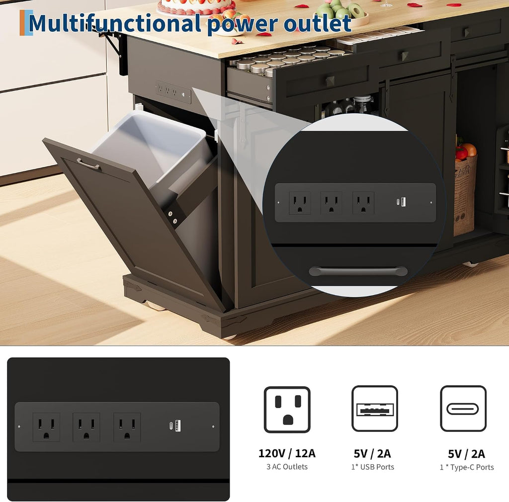 Large Rolling Kitchen Island with Power Outlet, Mobile Kitchen Cart on Wheels with Drop Leaf, 3 Drawers, Trash Can Storage, Spice Rack, Towel Holder, Kitchen Island Table for Dining Room, Home, Black