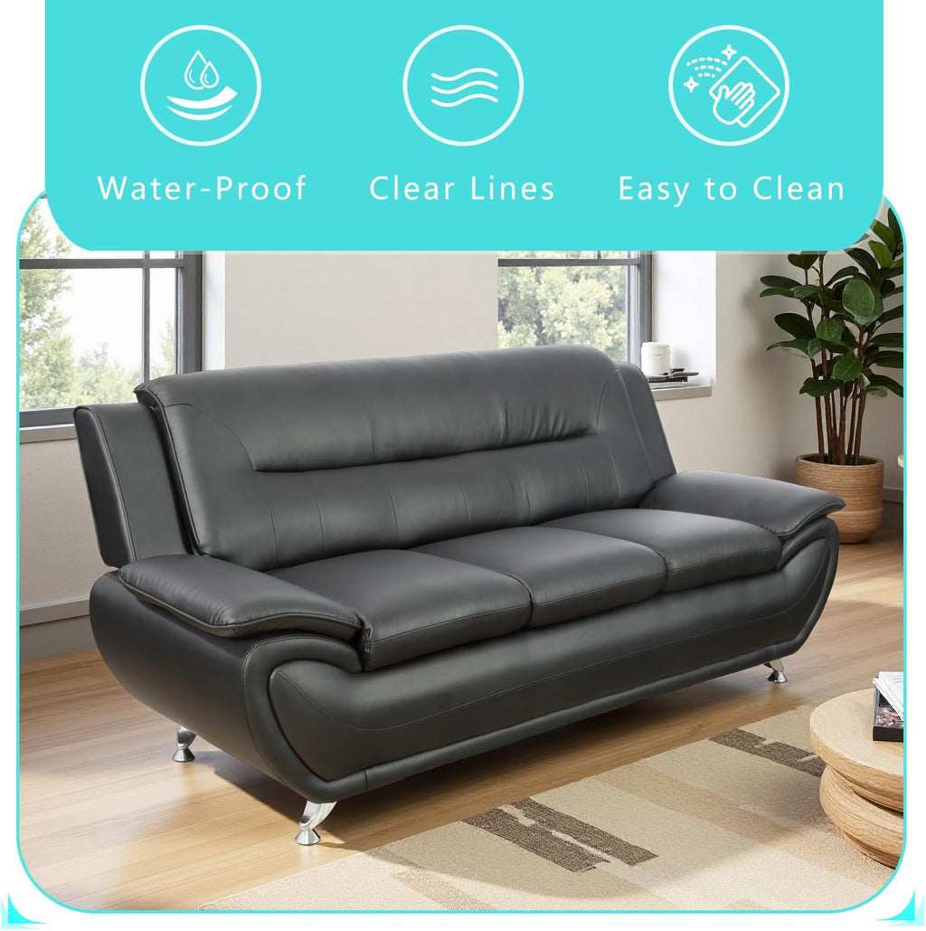 3 Piece Living Room Furniture Set, Contemporary Sectional Sofa Couches, Black Leather Sofa Set with Metal Feet, Faux Leather Modern Couch & 2 Chairs for Living Room/Office/Club, 3+1+1, Black#2
