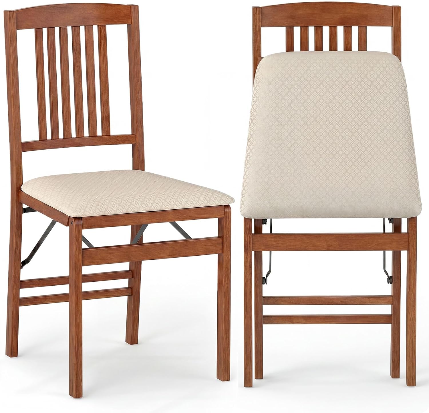 COSTWAY Solid Wood Folding Dining Chairs Set of 2 with Padded Seat, Walnut | 400 LBS Load Bearing, No Assembly Needed, Fabric Seat and Slatted Back, Vintage Foldable Chairs for Kitchen & Apartment