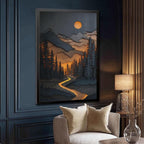 WANXU Sparkling River And Full Moon Layered Mountain Landscape Wall Print, Rustic Forest Scene for Country House Decor Or Themed Interiors Canvas Poster Bedroom Decor Sports Landscape Office Room Deco