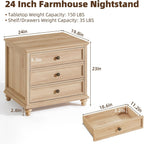 Joaxswe 24" Wide Farmhouse Night Stand Set of 2,Large End Table with 3 Drawers & Metal Handle,Wood Dresser for Bedroom,Bed Side Table Chest of Drawers Cabinet,Natural Nightstand for Living Room,Closet