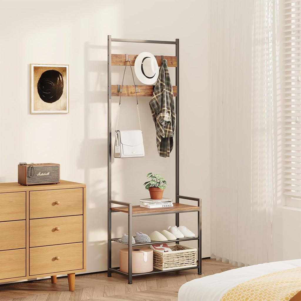 Coat Rack Hall Tree with Shoe Storage, Entryway Hall Tree Storage Bench, Wood Look Accent Furniture with Metal Frame, 3-in-1 Design, Rustic Brown | 7 Movable Hooks, 330lb Weight Capacity, Anti-Tip Design, Adjustable Feet, Fits Small Spaces