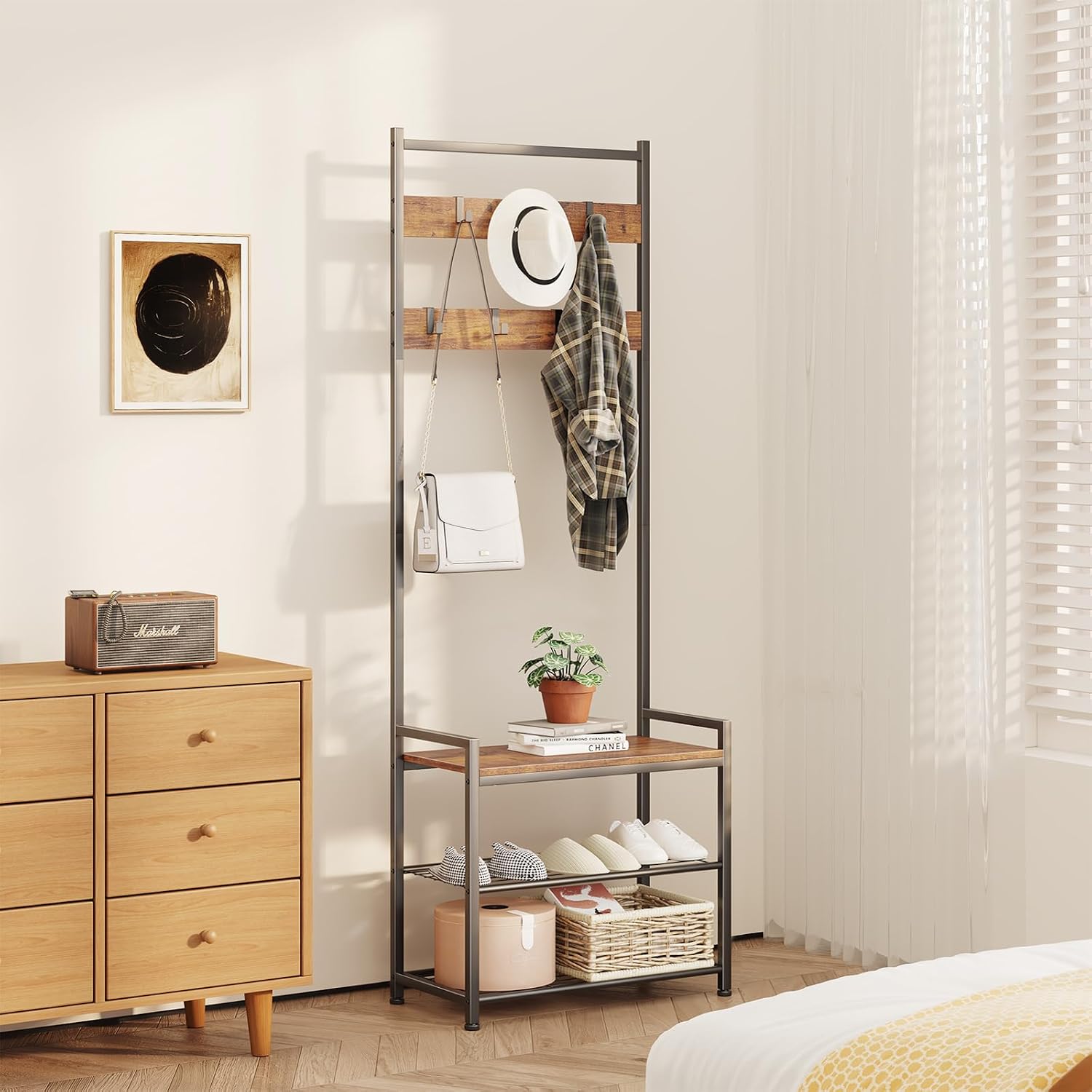 Coat Rack Hall Tree with Shoe Storage, Entryway Hall Tree Storage Bench, Wood Look Accent Furniture with Metal Frame, 3-in-1 Design, Rustic Brown | 7 Movable Hooks, 330lb Weight Capacity, Anti-Tip Design, Adjustable Feet, Fits Small Spaces