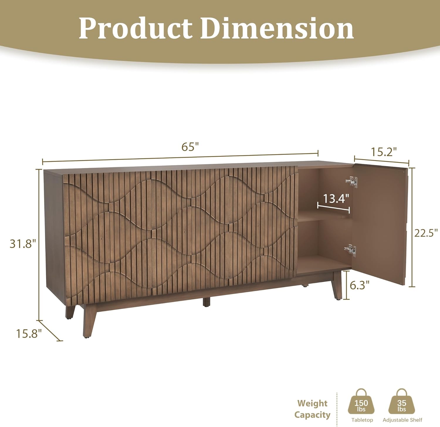 Buffet Cabinet with Storage, Distressed Storage Cabinet with 4 Carved Doors and Adjustable Shelf, Wooden Accent Sideboard Buffet Cabinets for Kitchen, Living Room, Entryway, Brown