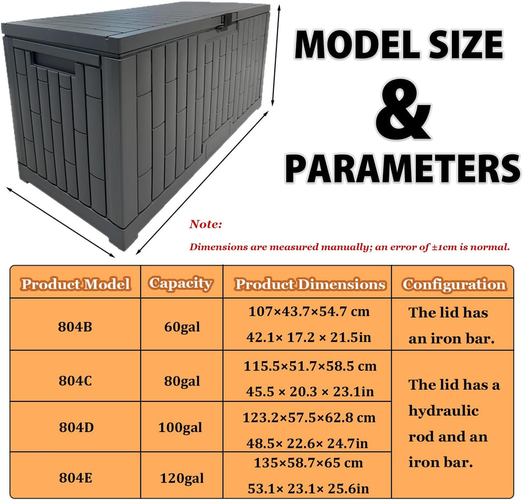 Waterproof Outdoor Storage Box, Patio Storage Bench, 220lbs Reinforced Sit-on Lid, Tool-Free Assembly, Stackable Lockable Deck Box for Backyard Poolside Garage Garden Organization 804B