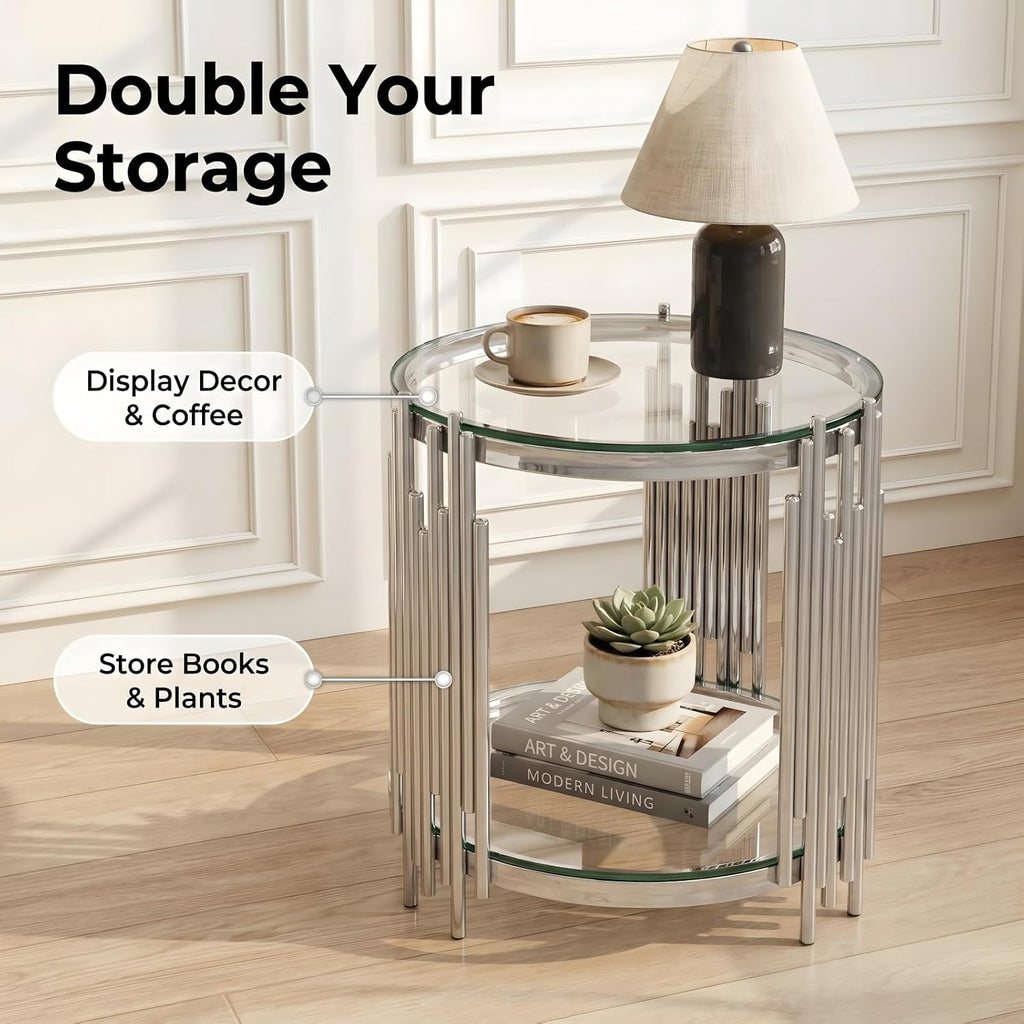 19.7" Luxury Round Silver End Table with 2-Tier Clear Tempered Glass Shelves, Modern Sofa Bedside Table for Living Room Bedroom Home Office, Polished Stainless Steel Frame
