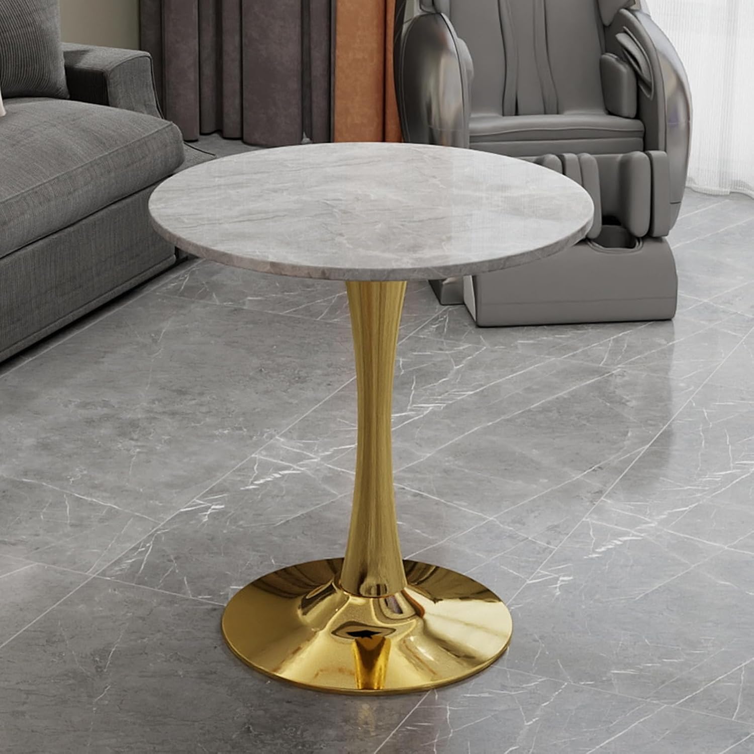JOSHEN 28" Marble-Effect Bedside Table, Small Sofa Side Tables with Stable Pedestal, Small Sofa Couch Table with Smooth Surface for Living Room, Golden