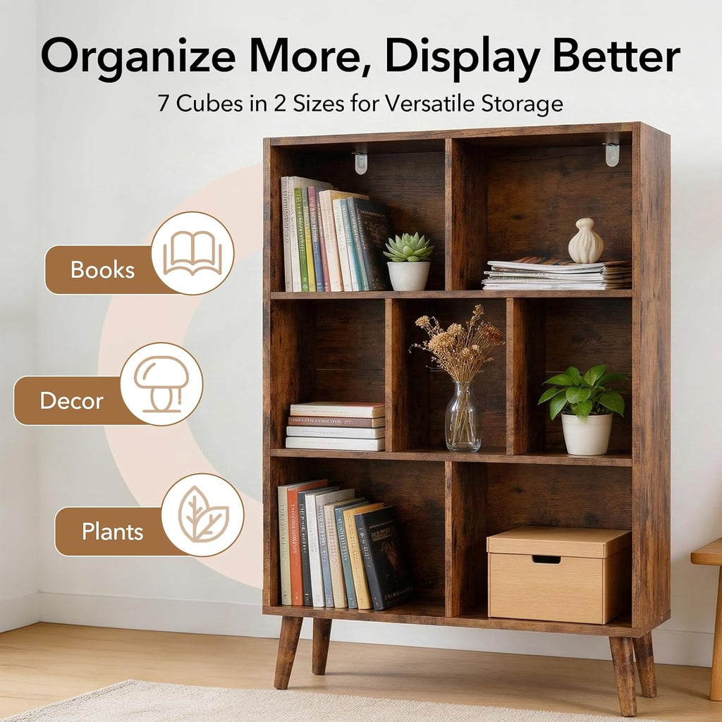 DUMOS Bookshelf, 7 Cube Storage Organizer with Legs, 3-Tier Modern Wooden Bookcase, Open Standing Display Shelf for Living Room, Bedroom, Office, Rustic Brown