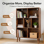 DUMOS Bookshelf, 7 Cube Storage Organizer with Legs, 3-Tier Modern Wooden Bookcase, Open Standing Display Shelf for Living Room, Bedroom, Office, Rustic Brown
