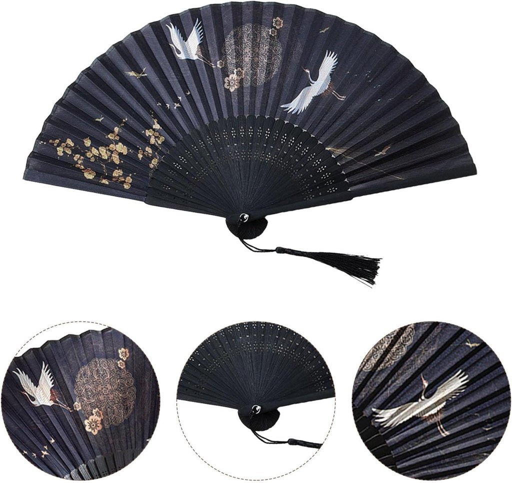Chinese Style Handheld Folding Fan Vintage Classic Hand Fan for Wedding Dance Party Photo Prop with Crane Pattern