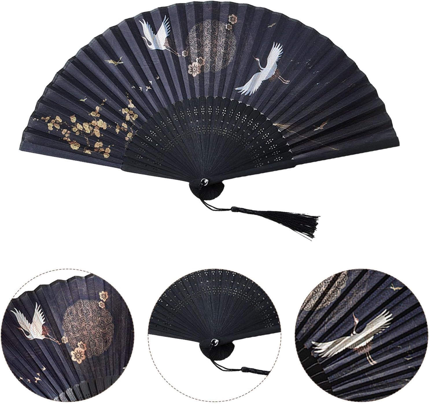 Chinese Style Handheld Folding Fan Vintage Classic Hand Fan for Wedding Dance Party Photo Prop with Crane Pattern