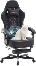 Gaming Chair Breathable Leather with Pocket Spring Cushion, Wide and High Ergonomic Office Chair with Headrest, Computer Gaming Chair with Footrest for Adult and Teen (Black Leather)