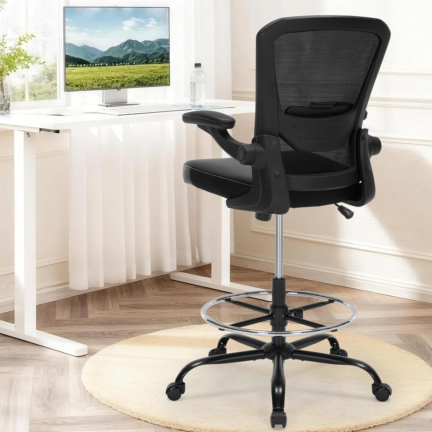 Drafting Chair Tall Office Chair with PU Leather Seat, 400lbs Ergonomic Standing Desk Chair with Lumbar Support,Counter Stool with Adjustable Footrest Ring & Flip-up Armrests,Black