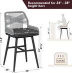 MEISSALIVVE Bar Stools Set of 6, Rattan Counter Height Bar Stools, 26" H Swivel Patio Bar Stools with Boho Woven Rope Back for Kitchen Patio Garden Cushions Included, Grey
