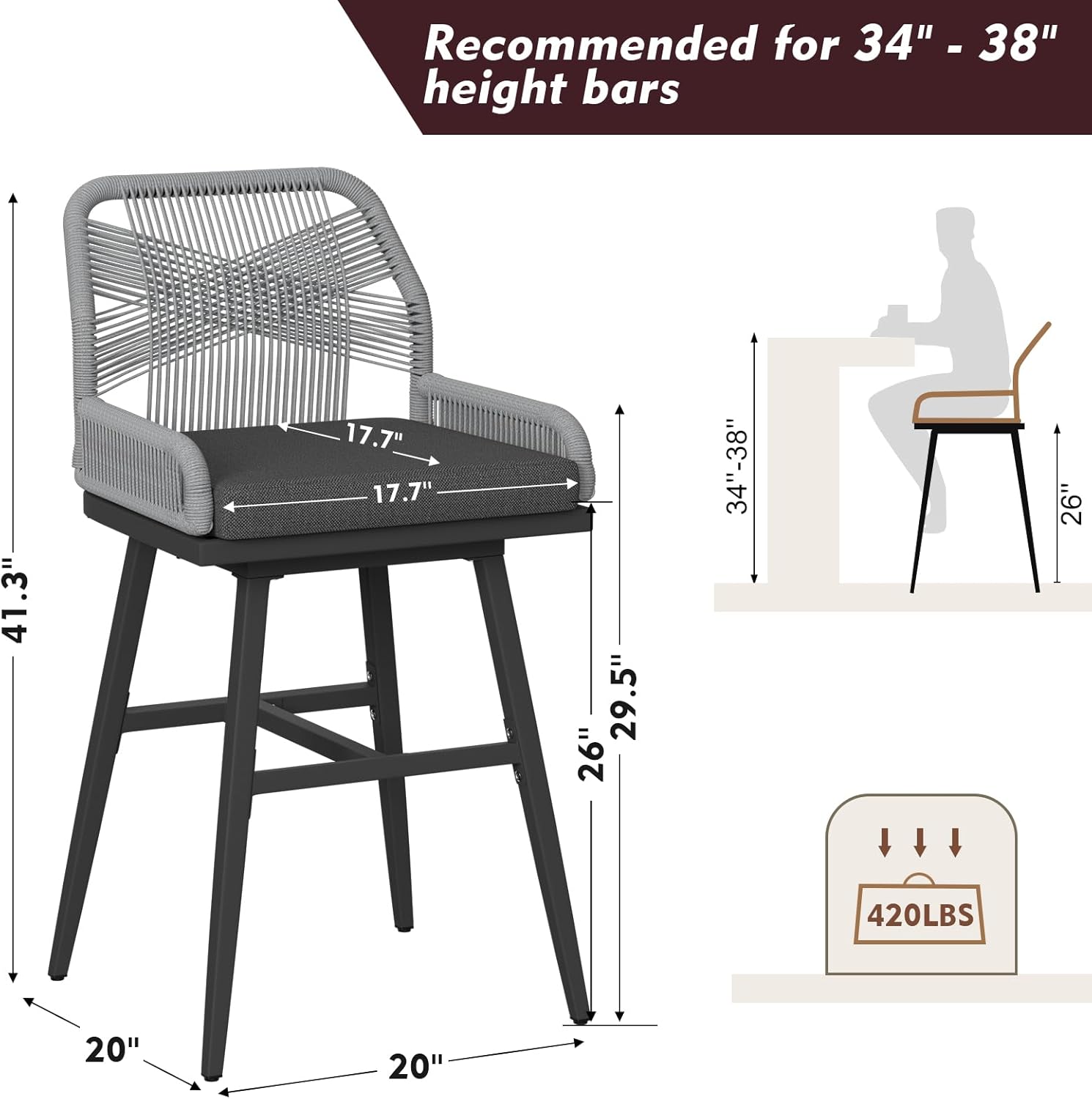 MEISSALIVVE Bar Stools Set of 6, Rattan Counter Height Bar Stools, 26" H Swivel Patio Bar Stools with Boho Woven Rope Back for Kitchen Patio Garden Cushions Included, Grey