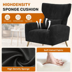 Luxanimarion Black Velvet Accent Chair Set of 2, Wingback Chair for Living Room, High Back Arm Chair with Golden Legs Lumbar Pillow, Upholstered Single Sofa Bedroom
