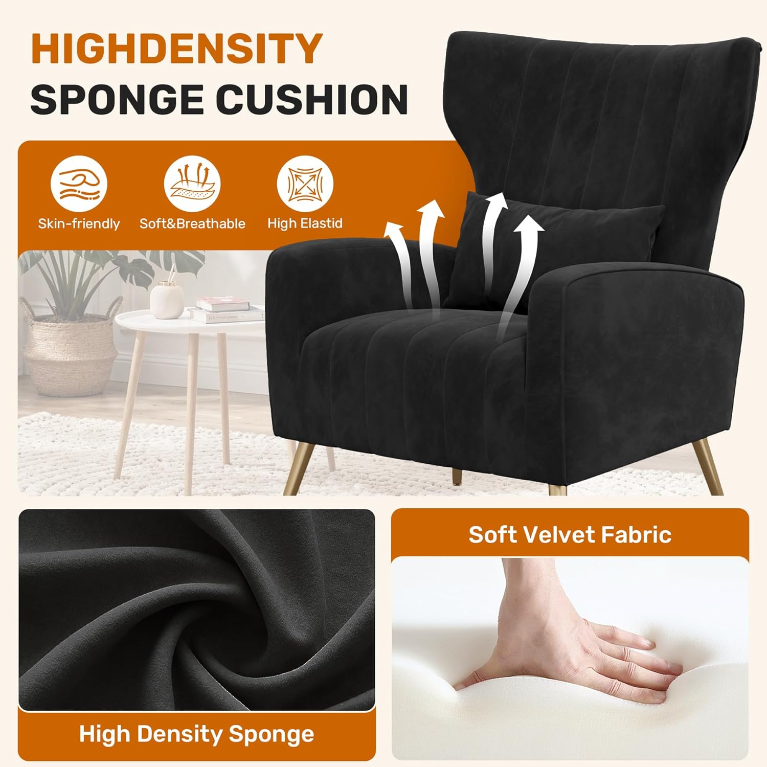 Luxanimarion Black Velvet Accent Chair Set of 2, Wingback Chair for Living Room, High Back Arm Chair with Golden Legs Lumbar Pillow, Upholstered Single Sofa Bedroom