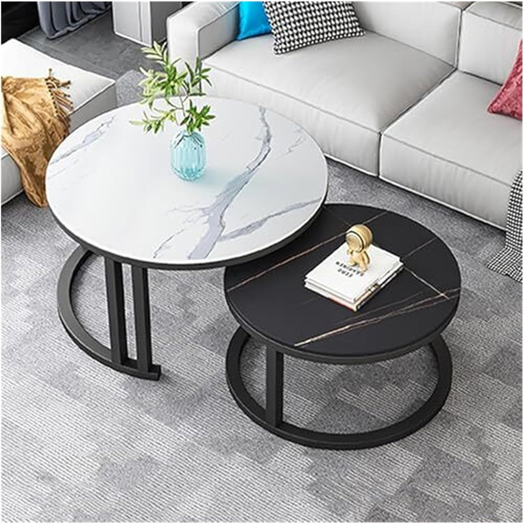 Round Marble Coffee Table Set of 2 - Nesting Tables for Living Room & Home Office - Stylish Side Tables with Modern Design(B,80CM)