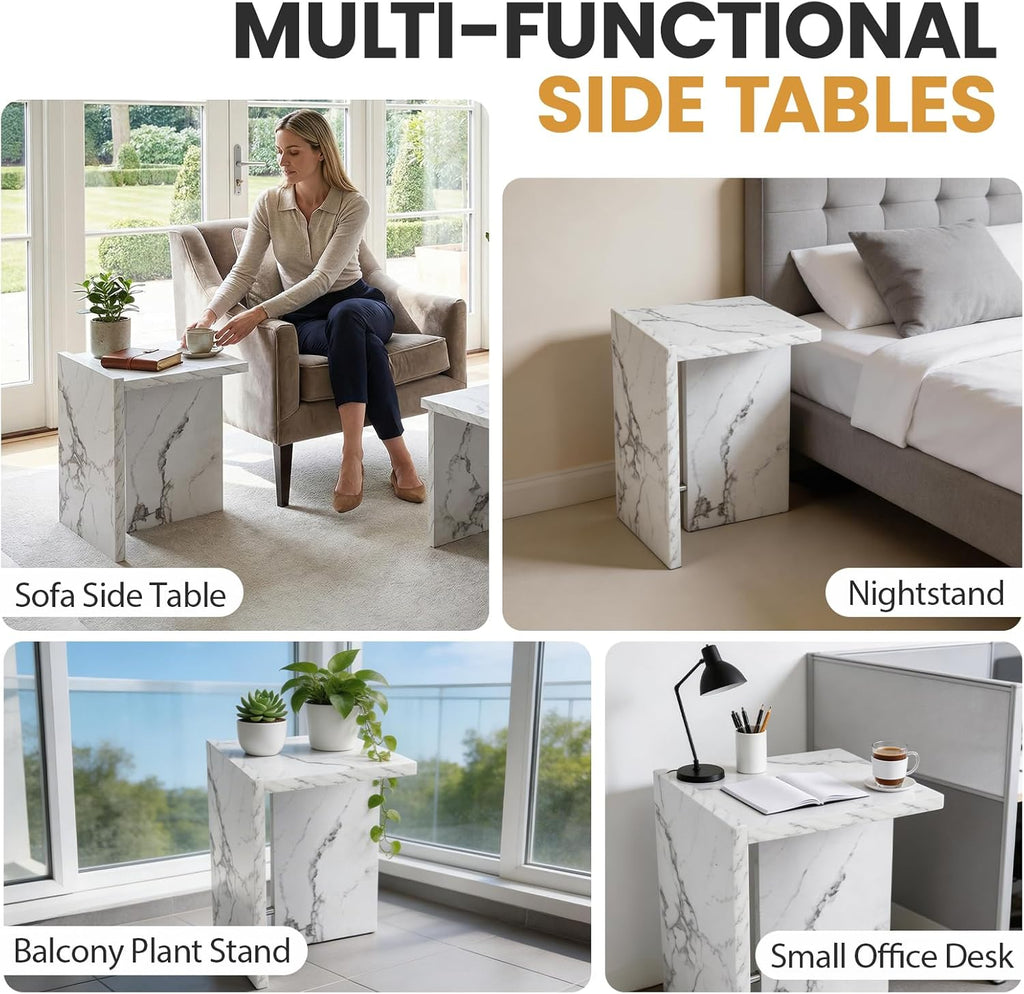 Modern End Table with Faux Marble Finish, White Marble Vein Side Table, Space Saving Sofa Accent Table, Small Nightstand Table for Living Room, Bedroom, Small Apartment