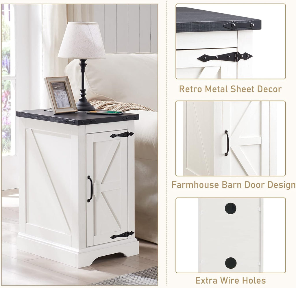 JXQTLINGMU Farmhouse Nightstand Set of 2 with Charging Station, 17" D Rectangular End Table with Barn Door & Adjustable Storage Shelf, Wood Rustic Sofa Side Table for Living Room, Bedroom, White