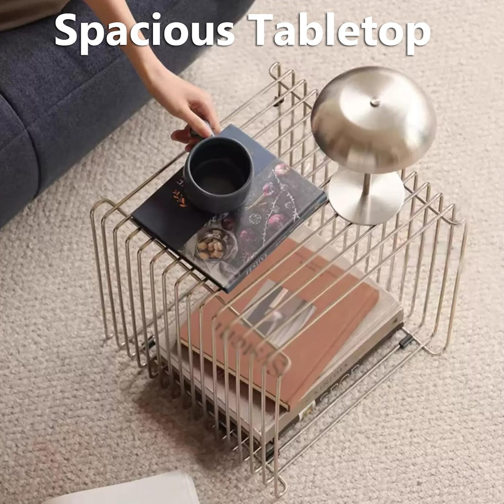 Modern Square Stainless Steel Side Table,Retro Geometry Metal End Table,Stackable Wire Cube Storage Rack for Living Room,Office,Bedroom Nightstand