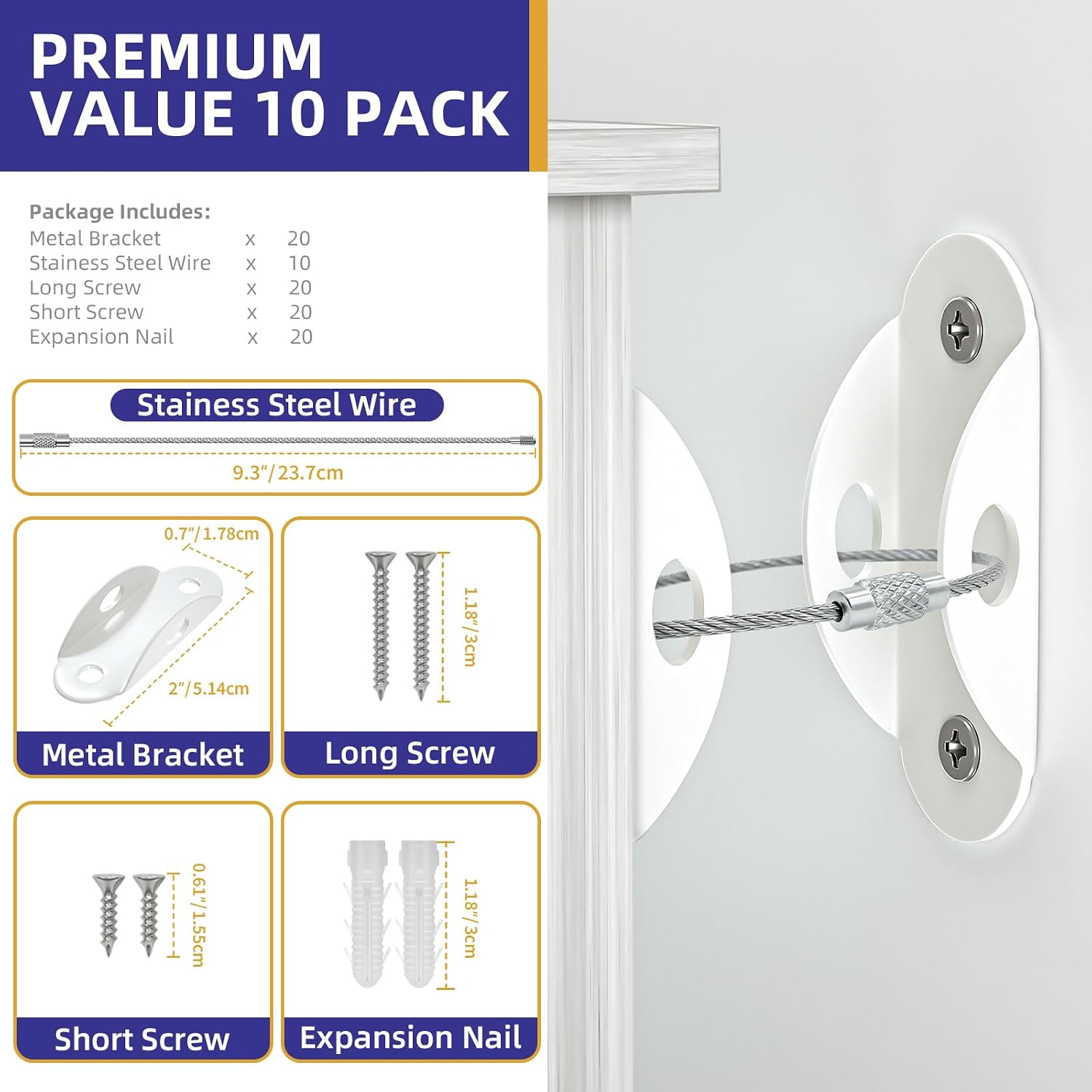 4our Kiddies Furniture Anchors (10 Pack), Furniture Straps for Baby Proofing, Secure 400 Pound Furniture to Wall Prevent Falling, Anti Tip Earthquake Straps for Child Safety (White)